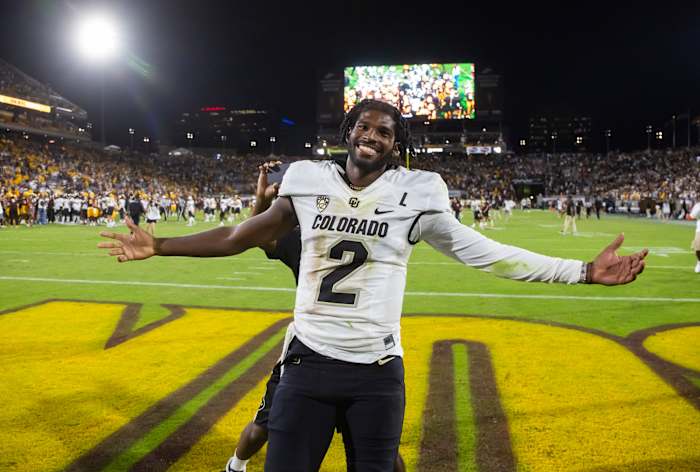 Colorado Buffaloes quarterback Shedeur Sanders (2) celebrates after defeating the Arizona State Sun Devils at Mountain America Stadium, Home of the ASU Sun Devils